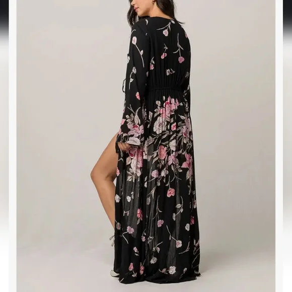 Billabong Desi Kimono Maxi Dress V Neck Button Front Floral Print Black Med NWT - Picture 4 of 16
